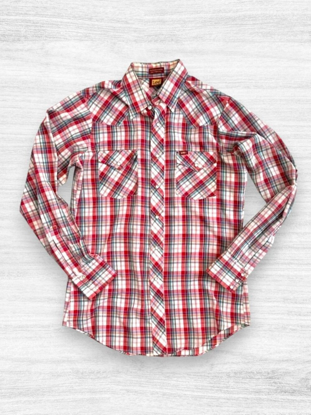 Lee Western Vintage Y2K Plaid Pearl Snap Shirt Red White Blue Long Sleeve Size M